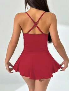 SHEIN PETITE Solid Color Ruffled Hem Spaghetti Strap Jumpsuit For Summer - Burgundy - View 2