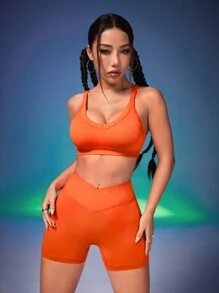 SHEIN Sports Women Solid Color Sports Tank Top And Shorts Set/Seamless/Waist Support - Orange - View 2