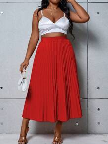 SHEIN Unity 大码纯色弹力腰褶裥中长裙，适合新年穿着 - 紅色 - 查看 3