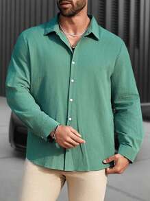Manfinity Homme Camicia da uomo a maniche lunghe in tinta unita per taglie forti, camicia verde semplice con bottoni per uscire - Verde - Visualizzare 3
