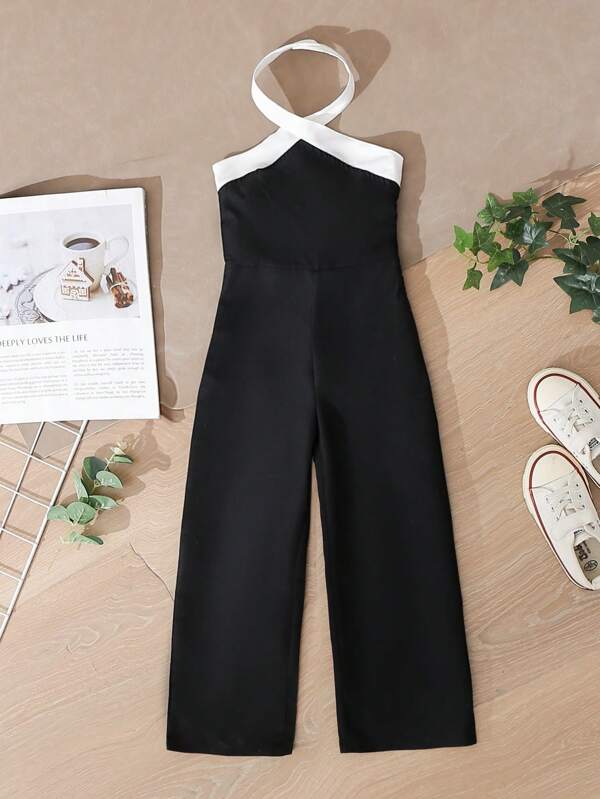 SHEIN Young Girl Summer Colorblock Halter Neck Backless Jumpsuit