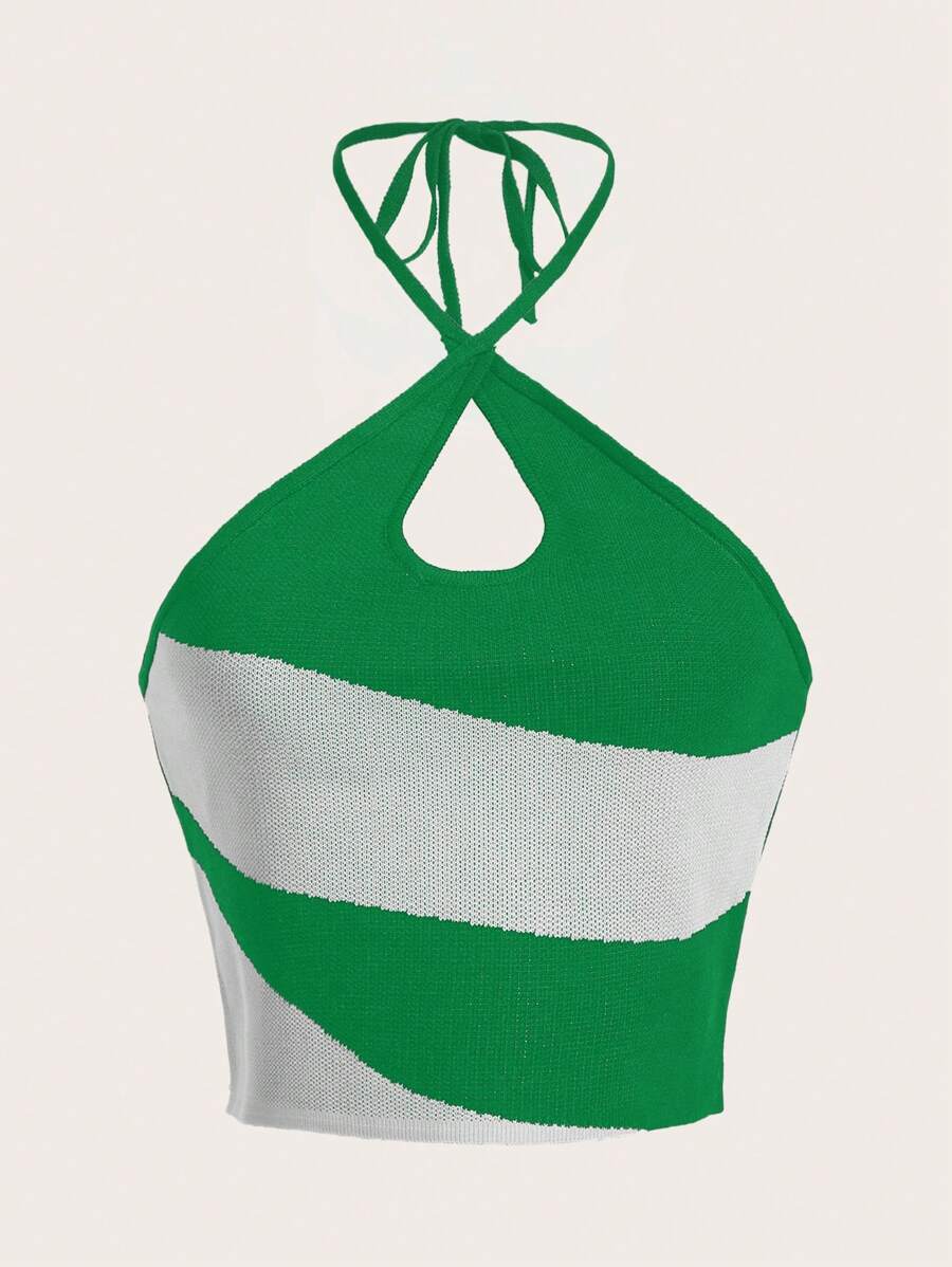Soleia Women Color Block Halter Knit Top - Green - View 1