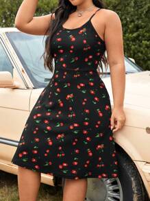 CovetEZ Plus Size Vacation Style Full Cherry Blossom Print Spaghetti Strap Dress For Summer - Black - View 1