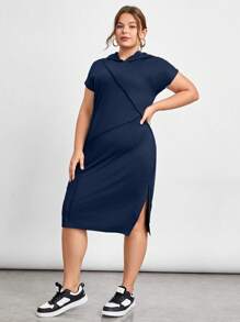 SHEIN Essnce Women Plus Size Loose Fit Casual Hooded Short Sleeve Patchwork Dress With Stitching Design - Navy Blue - View 4