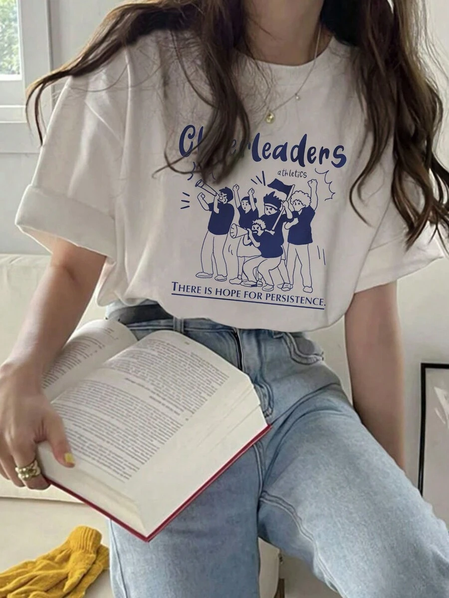 女士标语和图案印花短袖T恤 休闲白色夏季 - 白色 - 查看 1