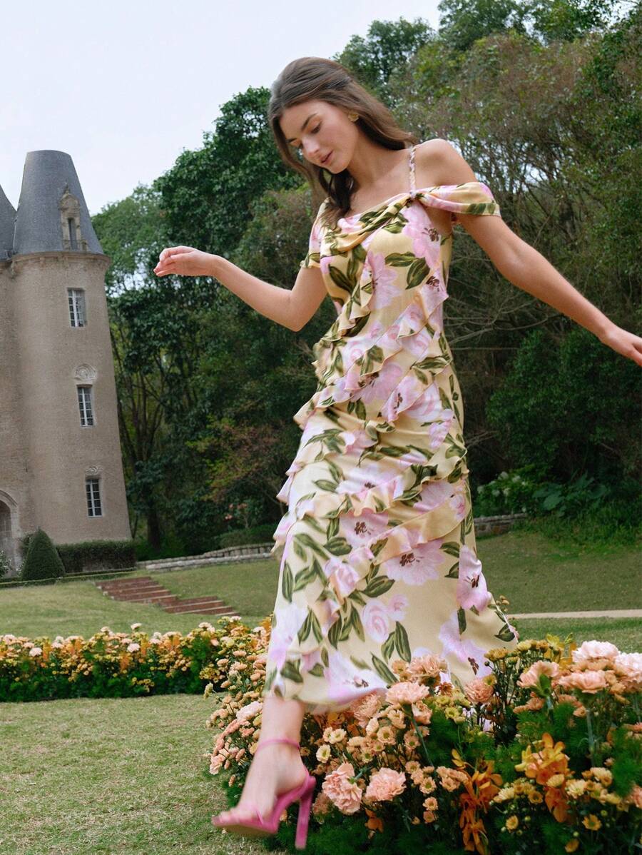 MOTF PREMIUM Vestido Estampado De Flores Con Ribete De Volantes Tejido