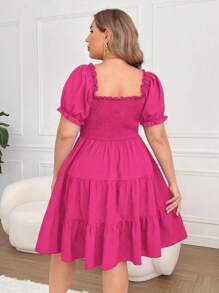 Flirla Plus Size V-Neck Ruffle Hem Summer Holiday Dress - Hot Pink - View 2