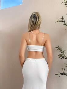 Sweetina Women Summer Single-Breasted Short Rhinestone Chain Strap Camisole - White - View 2