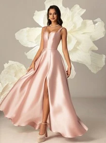 缎面高腰修身女士晚礼服优雅正式舞会婚礼宾客礼服，适合毕业典礼、晚宴派对礼服 - 藕粉色 - 查看 7