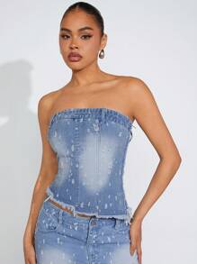 Denimoi Women Casual Strapless Denim Top With Distressed Patchwork And Frayed Hem - Blue - View 1