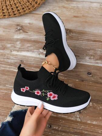 秋冬女式针织系带简约风格跑步运动鞋