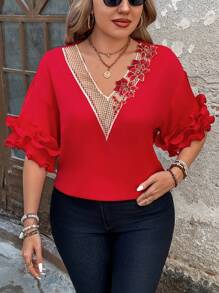 SHEIN Unity Plus Size Floral Embroidery Patchwork Lace Trimmed V-Neck Shirt With Ruffle Edge, Fashionable And Casual For Summer For New Year Clothes - Red - View 1