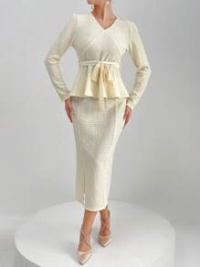 Modelyn Mujeres elegantes y encantadoras camisa de manga larga con cuello en V ajustada y falda con abertura lateral para la primavera y el verano