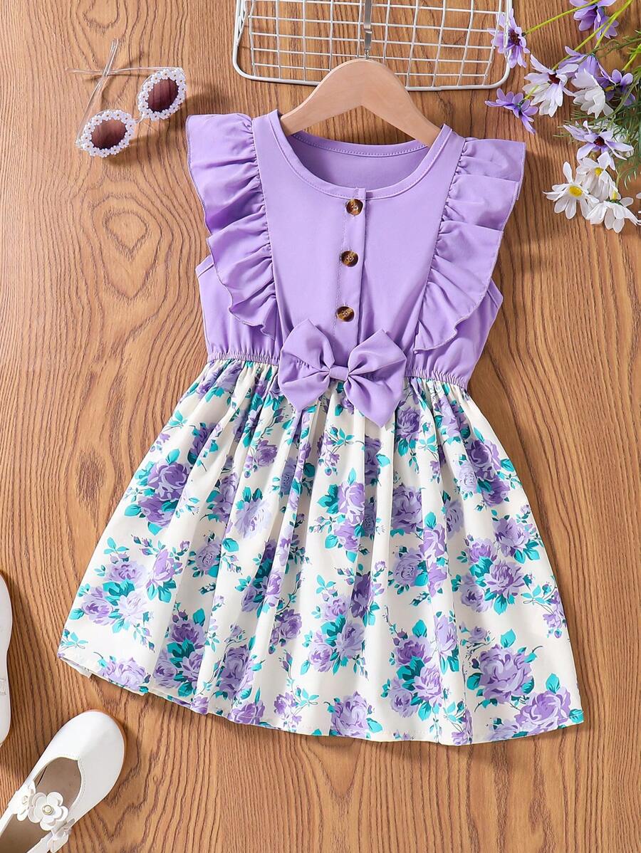SHEIN Vestido casual de verano con volantes decorativos, estampado floral y botones, para jóvenes - Morado - Ver 1