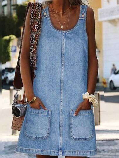 Lässiges ärmelloses Denim Kleid mit zwei Taschen, modische Streetwear, locker, minimalistisch, Spaghettiträger, blaues Jeans-Minirock für Frauen, Frühling/Sommer