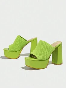 Women Chunky Heel Peep Toe Mule Knitted Summer Breathable Slip-On Party Waterproof Platform High Heel Sandals, Sexy