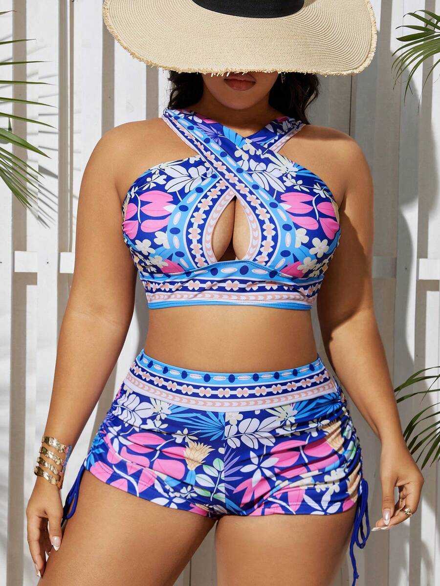 SHEIN Swim Curve 女士大码花卉印花比基尼套装夏季海滩 - 藍色 - 查看 1