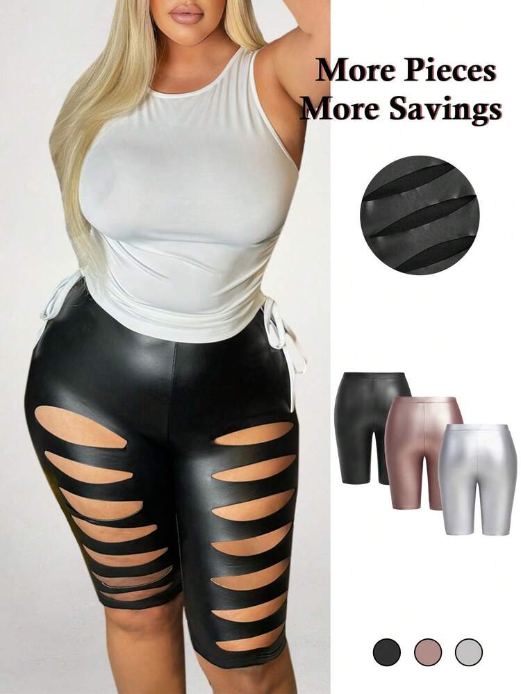 Plus Size Metallic Coated Cutout Biker Shorts With Glossy Finish, Suitable For Summer, Dating, Casual, Shopping, Streetwear, Going Out, Vacation, Beach, Easy To Match&Looks Slim