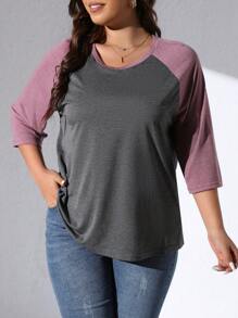 EMERY ROSE Camiseta casual de manga 3/4 cuello redondo de mujer talla grande con bloqueo de colores y diseño gráfico - Multicolor - Ver 1