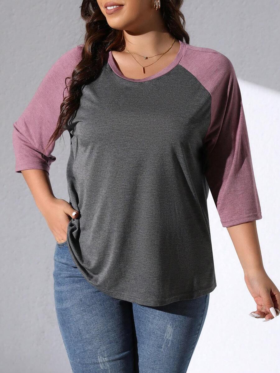 EMERY ROSE Camiseta casual de manga 3/4 cuello redondo de mujer talla grande con bloqueo de colores y diseño gráfico - Multicolor - Ver 1