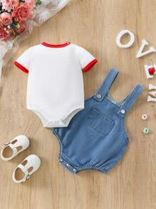 Girls Colorblock Trim Short Sleeve T-Shirt And Overalls Bodysuit Set - Blue - View 2