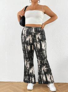 SHEIN Essnce Plus Size Women's Summer Casual Vacation Trousers, Tie-Dye Trousers, Elastic Waist Trousers, Baggy Pants,Summer Pants - Black - View 1