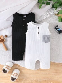 2pcs/Set Casual Baby Boy Color Block Short Sleeve Romper With Pocket