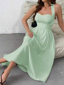 SHEIN Privé 法式十字交叉露背領襯衫簡約優雅夏季無袖長裙 - 薄荷綠 - 查看 6