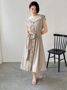 FRIFUL Women Cinched Waist Front Button Waist Cinched Dress Sundress, Casual Women Dresses Dress - Light Grey - View 3