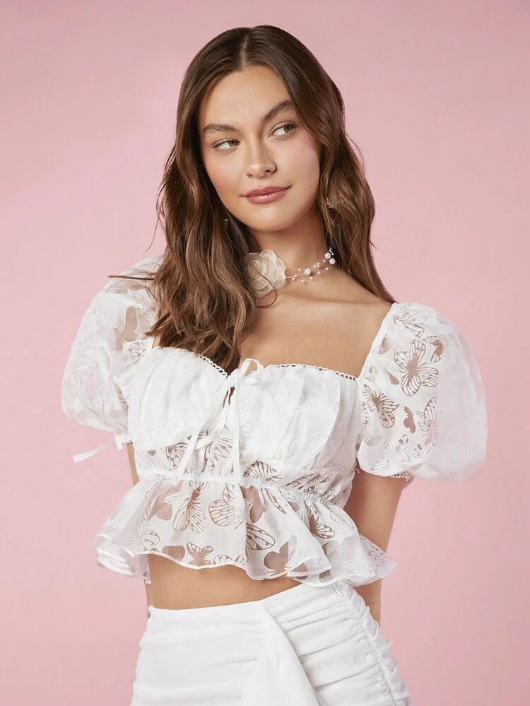 Women Short Sleeve Bubble Sleeve Ruffle Hem Crop White Butterfly Top Shirt For Summer