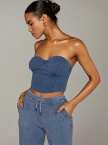 SHEIN BAE Áo Bralette phai màu theo phong cách vùng hoang mạc màu trơn, áo crop top viền bất đối xứng cut-out, áo ba lỗ dệt kim màu xanh xám, dành cho nữ, thích hợp để đi chơi, hàng ngày, thường ngày và tất cả các trang phục phù hợp trong mùa xuân và mùa hè - Màu xanh bụi bặm - Xem 5