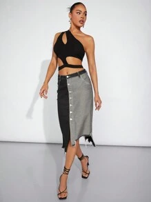 Denimoi Gonna di jeans asimmetrica e colorblock per estate - nero - Visualizzare 8