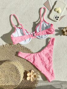 Swim Mod Textured Bikini Set With Underwire And Spaghetti Straps For Summer Beach - Hot Pink - View 2