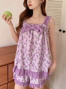 DAZY 蝴蝶結裝飾的鬱金香印花連體清色襯邊坦克上衣和短褲睡衣套裝