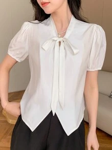 DAZY Women Bubble Sleeve Summer Shirt With Front Knot Design - White - View 5