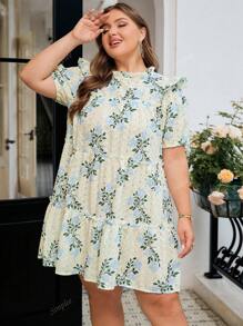 Simplee Plus Size Women Woven Printed Short Dress, Casual Wear For Vacation, 4th Of July, Polka Dot Pattern