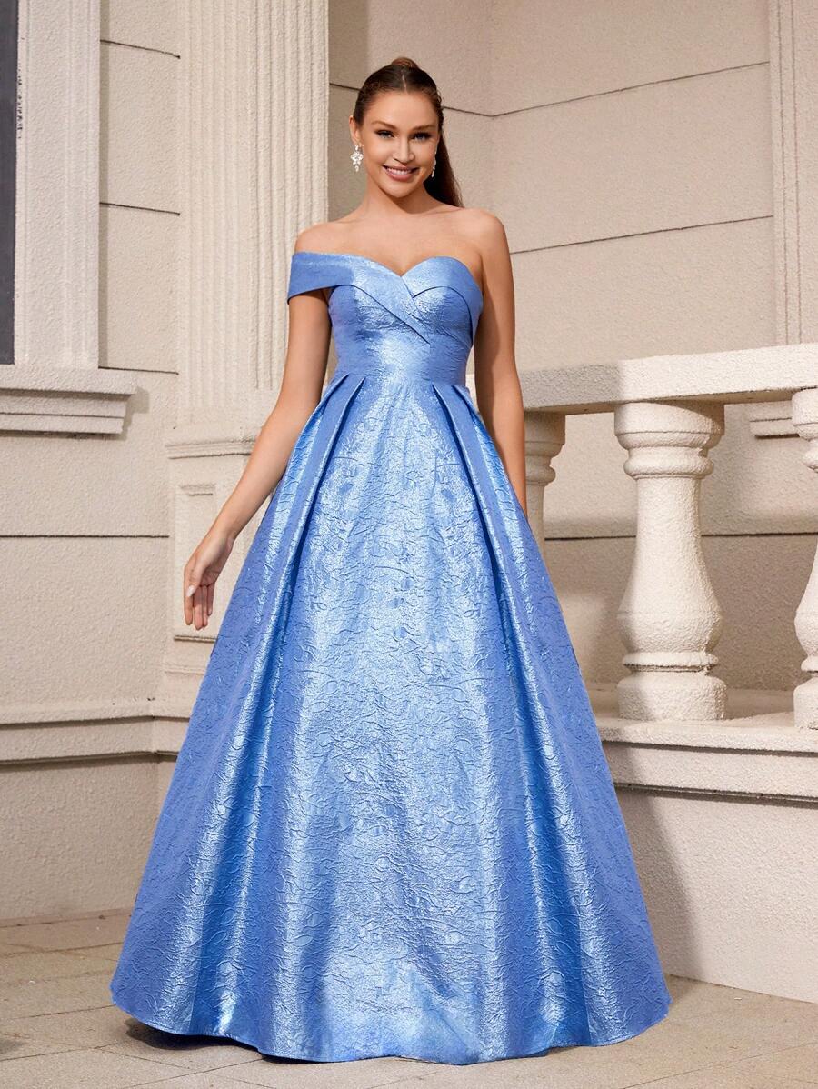 SHEIN Belle Nữ Cổ Chữ V Cổ Chữ V Thanh Lịch Và Đơn Giản Cổ Quấn Ngực Sang Trọng 3D Jacquard Bóng Dệt Eo Xếp Ly Cực Lớn Viền Nặng Dạ Hội Cho Tiệc - Màu xanh nhạt - Xem 1