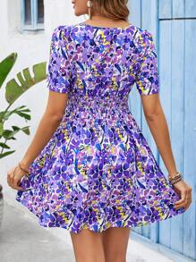 SHEIN VCAY Floral Print V-Neck Waist Cinched Dress - Multicolor - View 2