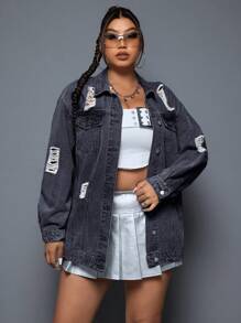 SHEIN ICON Cộng với kích thước nút rách mở phía trước Loose Fit Drop Vai Áo khoác denim thời trang - Xám - Xem 1