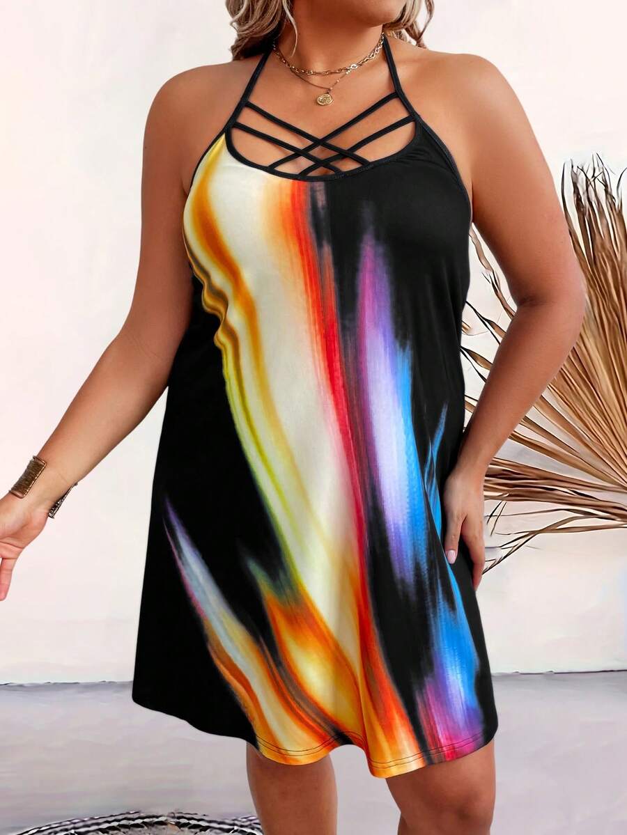 SHEIN Holidaya 大尺碼顏色拼接露背綁頸交叉無袖裙 - 彩色 - 查看 1