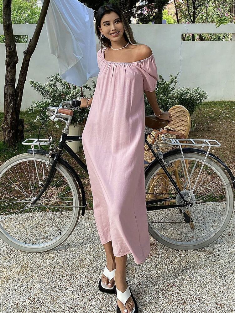 Ladies Summer Solid Color Off-Shoulder Short Sleeve Loose Straight Dress Sundress,Casual Women Dresses