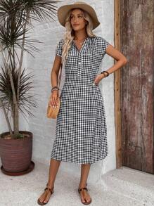 EMERY ROSE Women Loose Short Sleeve Plaid V-Neck Shirt Dress Summer Dress