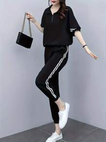 INAWLY 女性簡約日常半拉鍊上衣和褲子套裝，適用於運動 - 黑色 - 查看 7