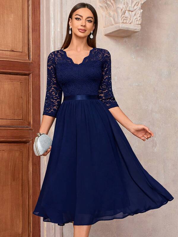 MIUSOL V Neck Floral Lace Bodice Chiffon Prom Party Swing Dress Elegant Semi Formal Wedding Guest Dress, For Birthday, Graduation, Homecoming