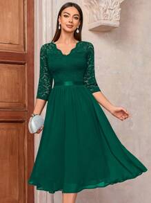 MIUSOL V Neck Floral Lace Bodice Chiffon Prom Party Swing Dress - Dark Green - View 2