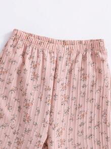 Tween Girl Floral Printed Casual 2-Piece Set With Cropped Pants And Short-Sleeve Button-Front Top For Home - Pink - View 6