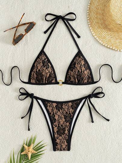 SHEIN Swim طقم ملابس سباحة بيكيني بحمالة صدر وجزء سفلي للنساء للشاطئ في الصيف | مقاس: XXS