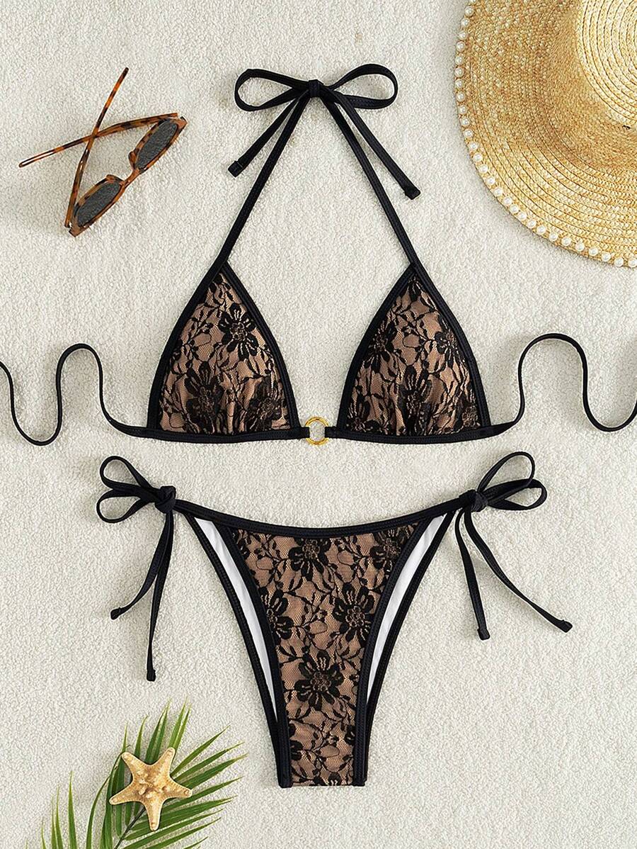 Swim Vcay Summer Beach Women Halter Bra And Bottom Bikini Swimwear Set - Black - View 1