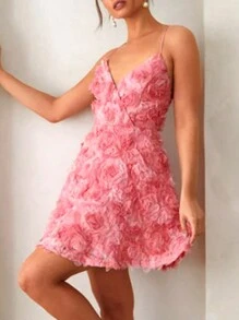 SHEIN Unity Women Spaghetti Strap Dress With 3D Flower Decoration For Summer - Pink - View 3