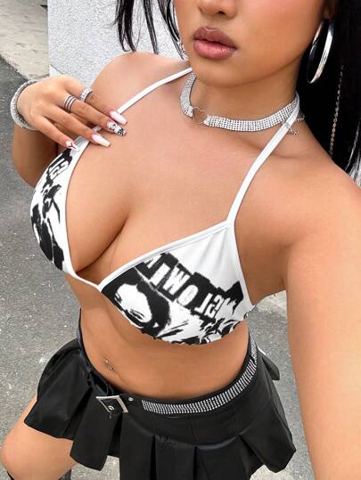SHEIN ICON 大尺碼女性夏季短款卡通印花無背後頸帶背心上衣